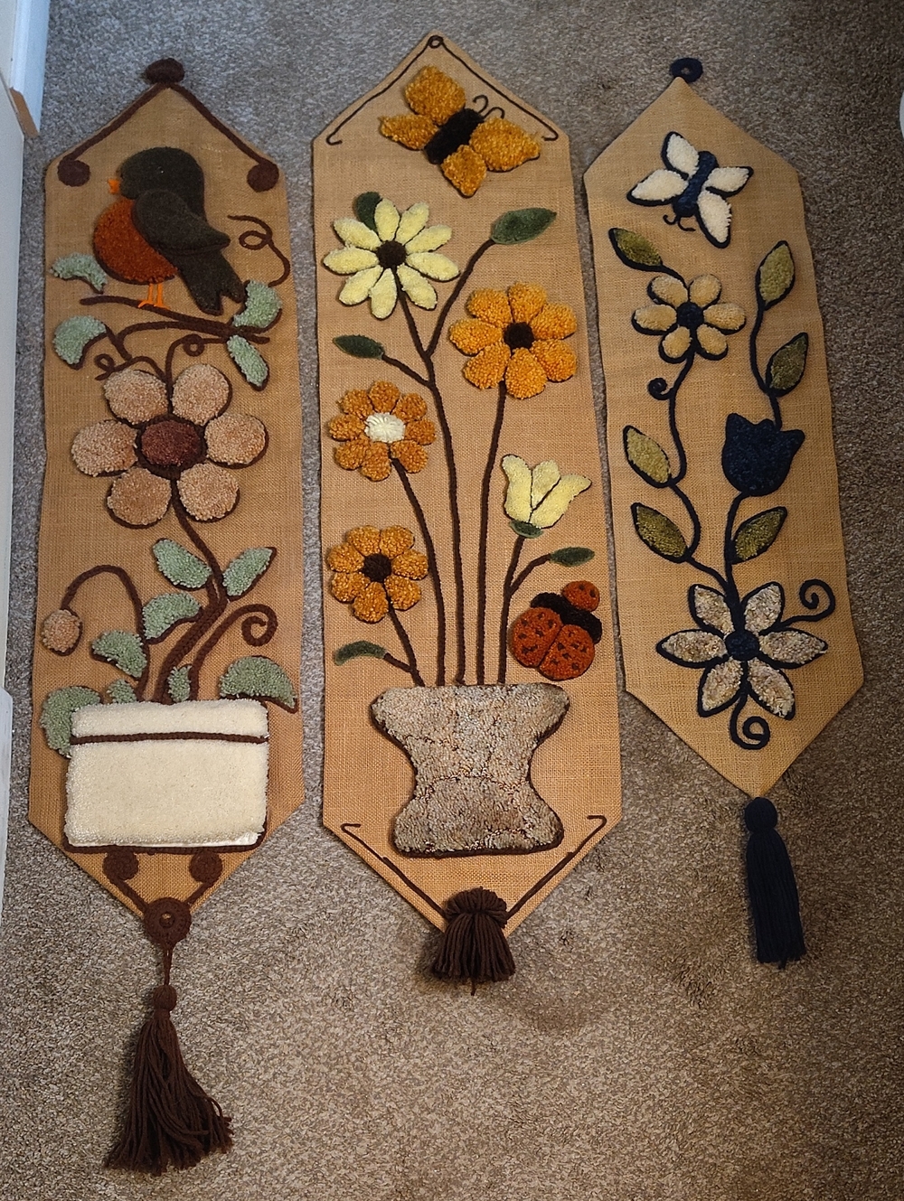 Set of 3 Vintage Floral Hooked Wall Hangings - Neutral Tones